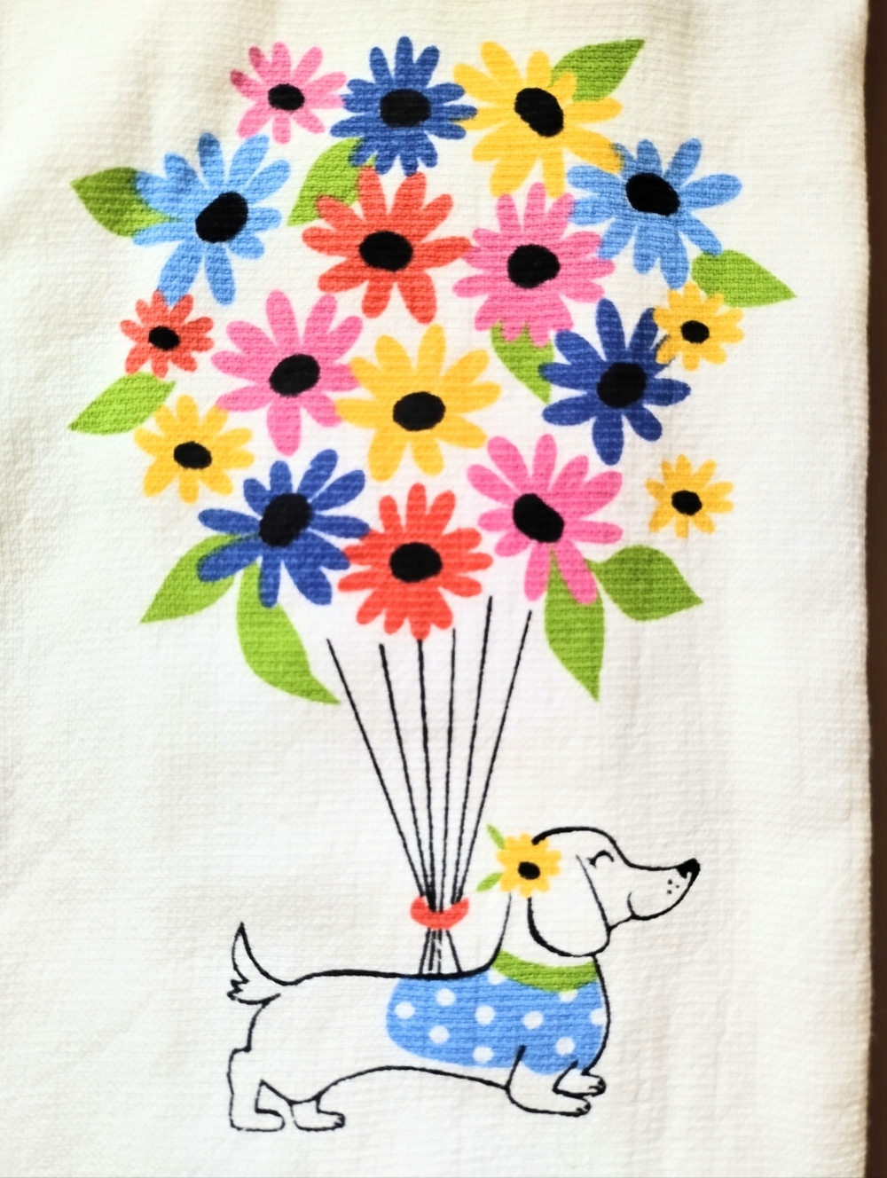 Kitchen Towels Cute Dachshund Dog Floral Bouquet Pink Blue Set of 2 Cotton